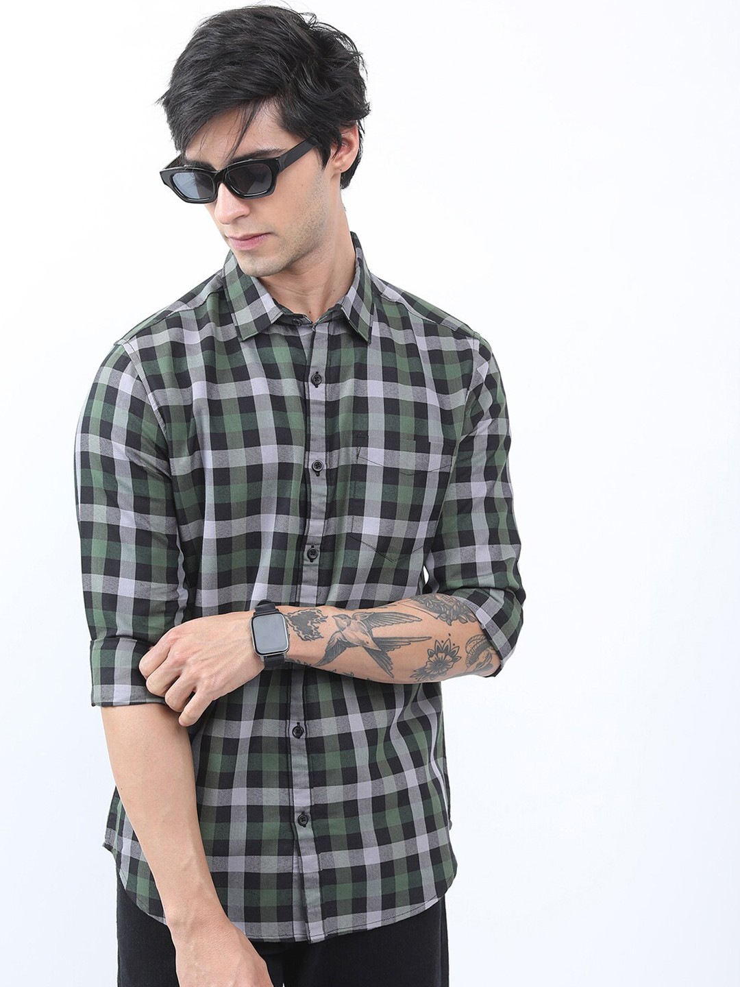 

HIGHLANDER Slim Fit Buffalo Checks Checked Casual Shirt, Olive
