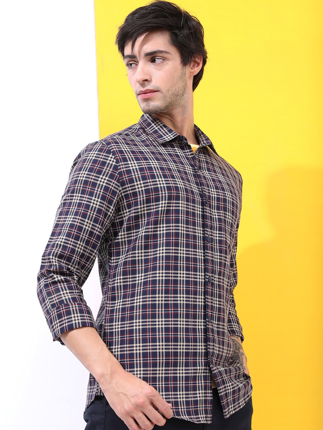 

HIGHLANDER Slim Fit Tartan Checks Checked Casual Shirt, Navy blue