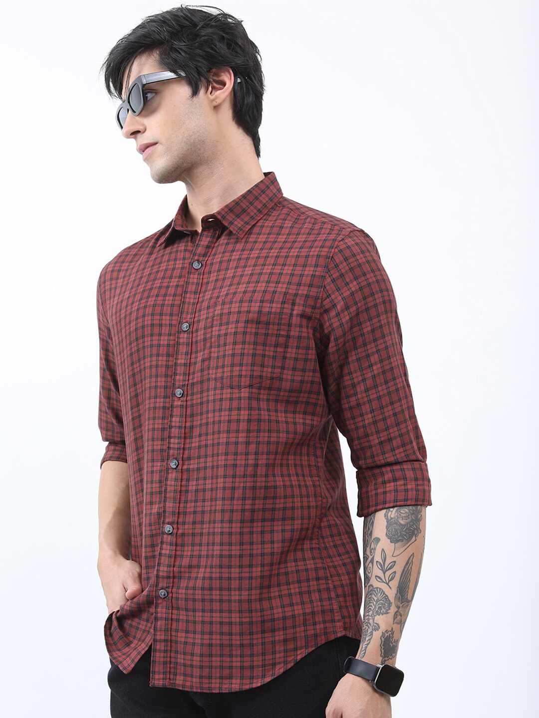 

HIGHLANDER Slim Fit Shepherd Checks Checked Casual Shirt, Rust