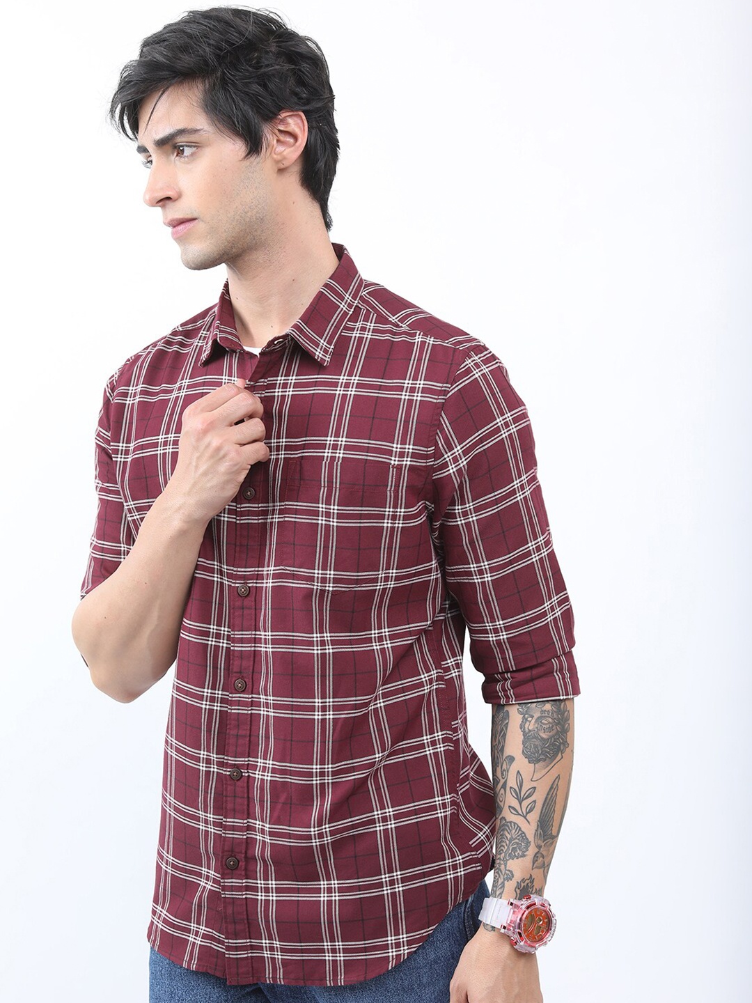 

HIGHLANDER Tartan Checked Slim Fit Casual Shirt, Maroon