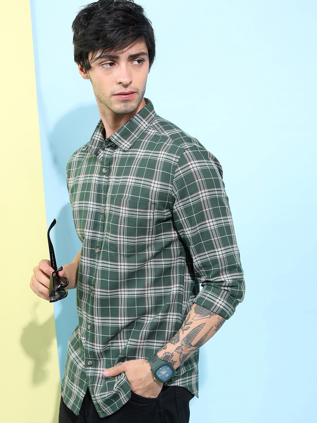

HIGHLANDER Slim Fit Tartan Checks Casual Shirt, Green