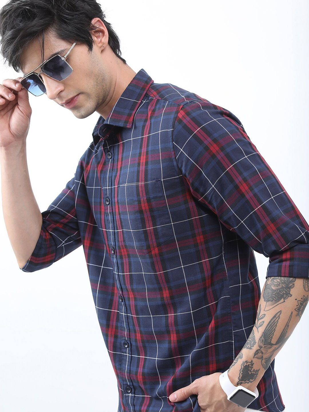 

HIGHLANDER Tartan Checked Slim Fit Casual Shirt, Navy blue