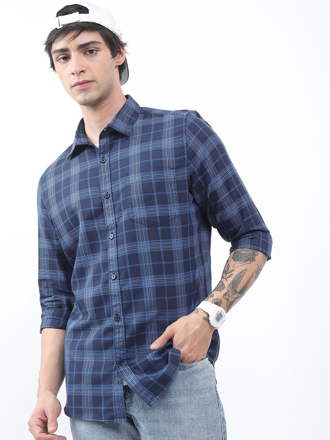 

HIGHLANDER Tartan Checked Slim Fit Casual Shirt, Navy blue