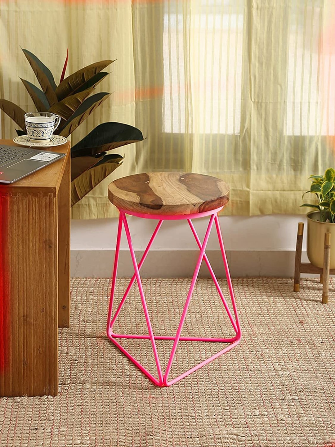 

Amoliconcepts Brown and Pink Geometric Sheesham Wood Ottoman
