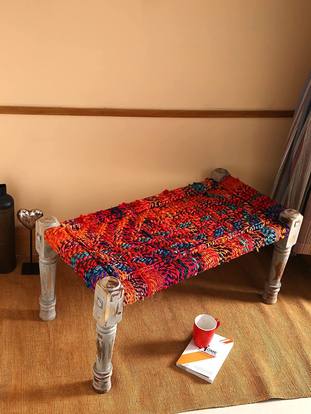 

Amoliconcepts Red Chindi Weaving Wooden Bench Ottoman