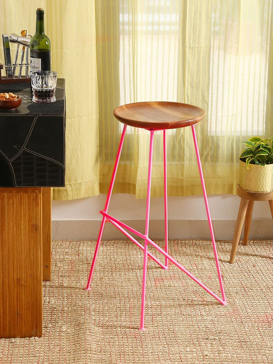 

Amoliconcepts Pink & Brown Wooden Round Ottoman