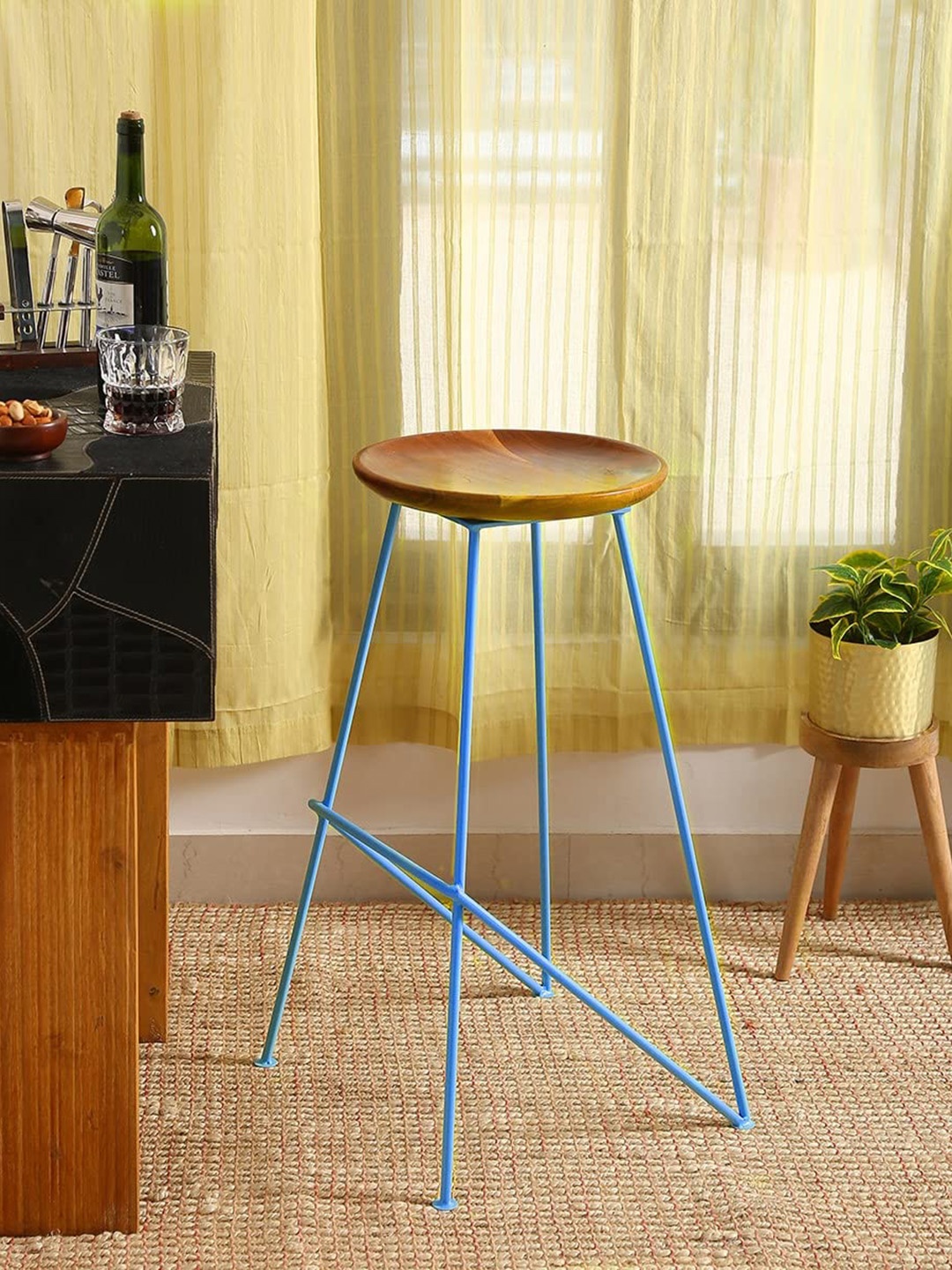 

Amoliconcepts Blue & Brown Iron Stool With Acacia Wooden Top