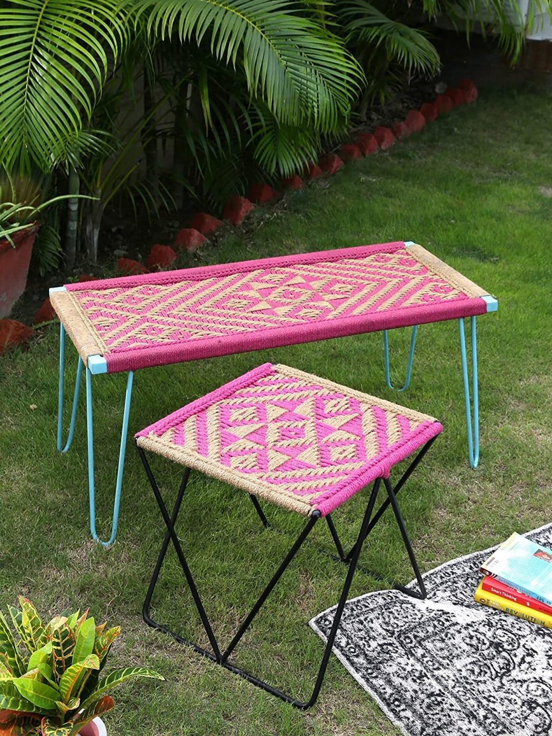 

Amoliconcepts Pink & Black Jute Weaving With Iron Stool