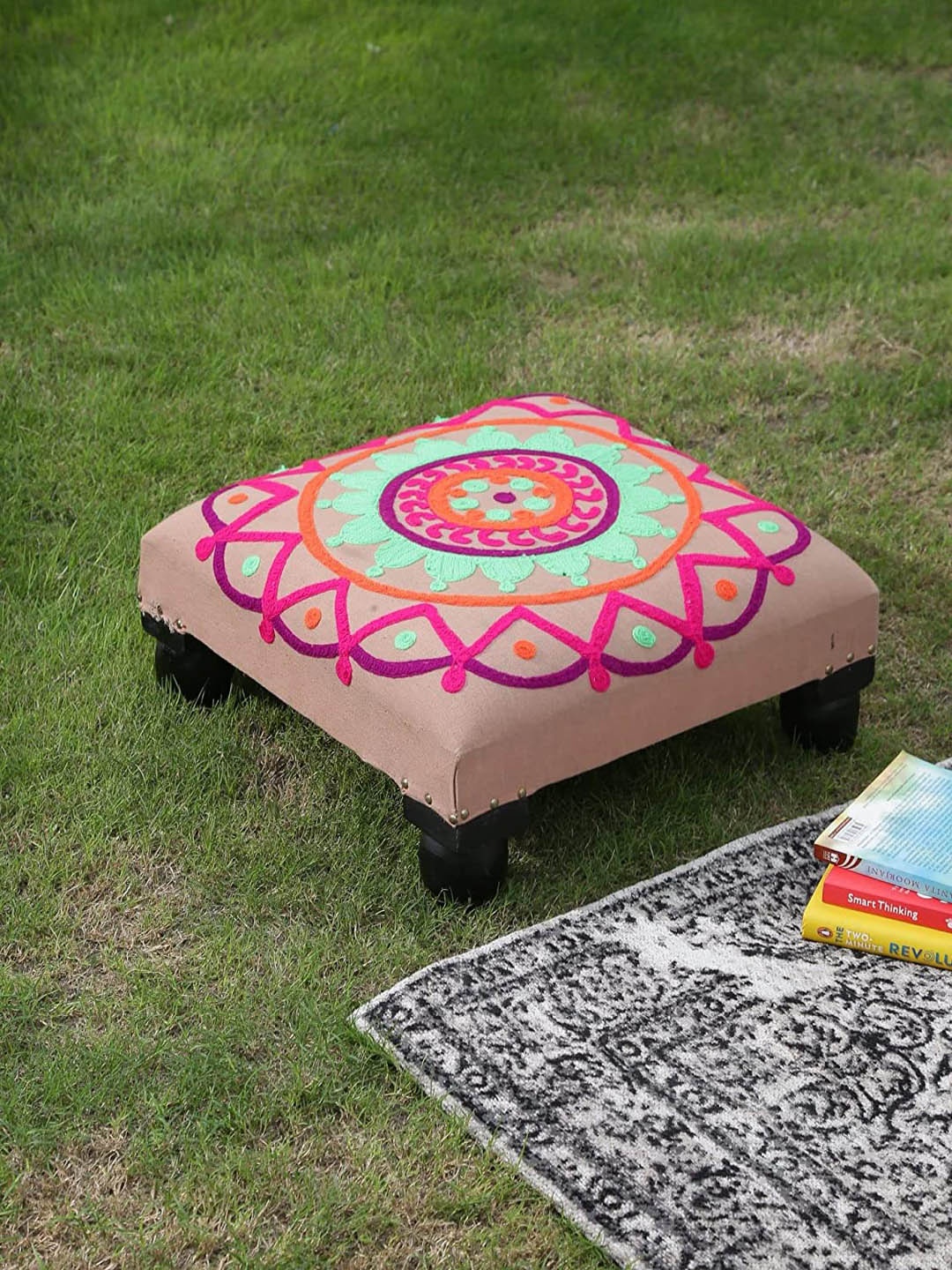 

Amoliconcepts Pink & Green Embroidered Cushion Top & Wooden Square Stool
