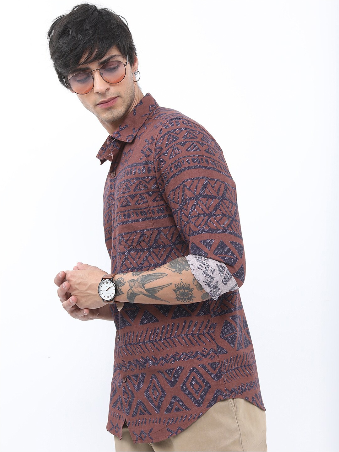 

KETCH Slim Fit Ethnic Printed Casual Cotton Shirt, Brown