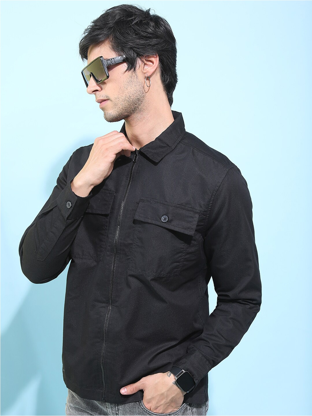 

KETCH Men Slim Fit Flap Pocket Zip Placket Casual Shirt, Black