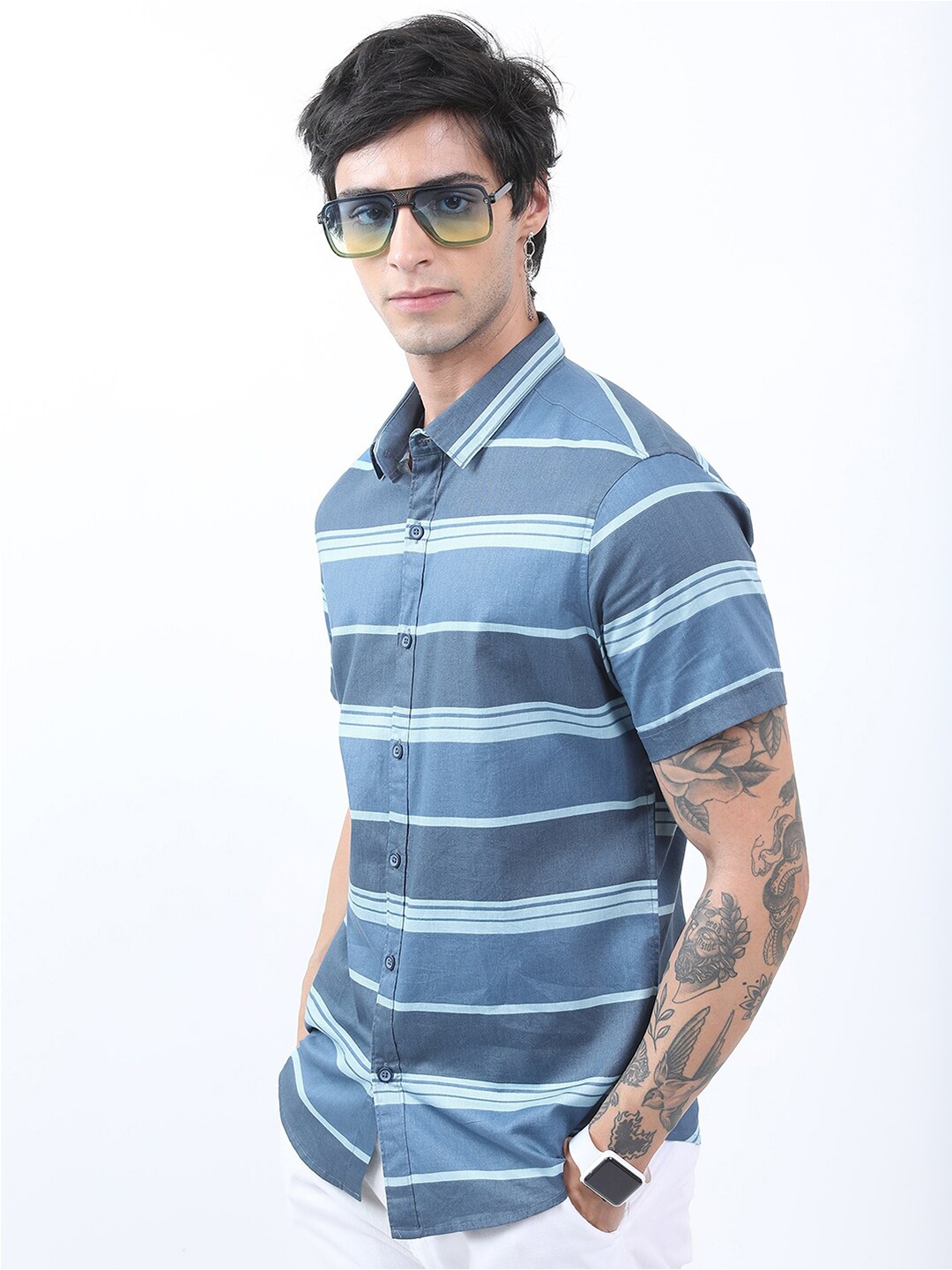 

KETCH Men Horizontal Striped Casual Cotton Shirt, Blue