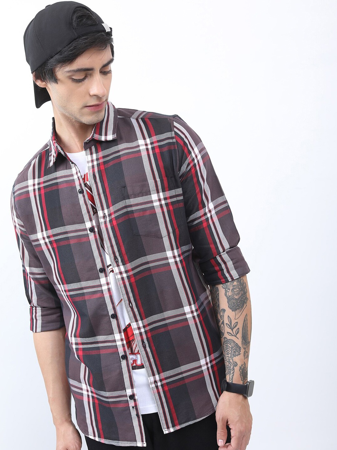 

KETCH Men Black Slim Fit Tartan Checks Checked Casual Shirt