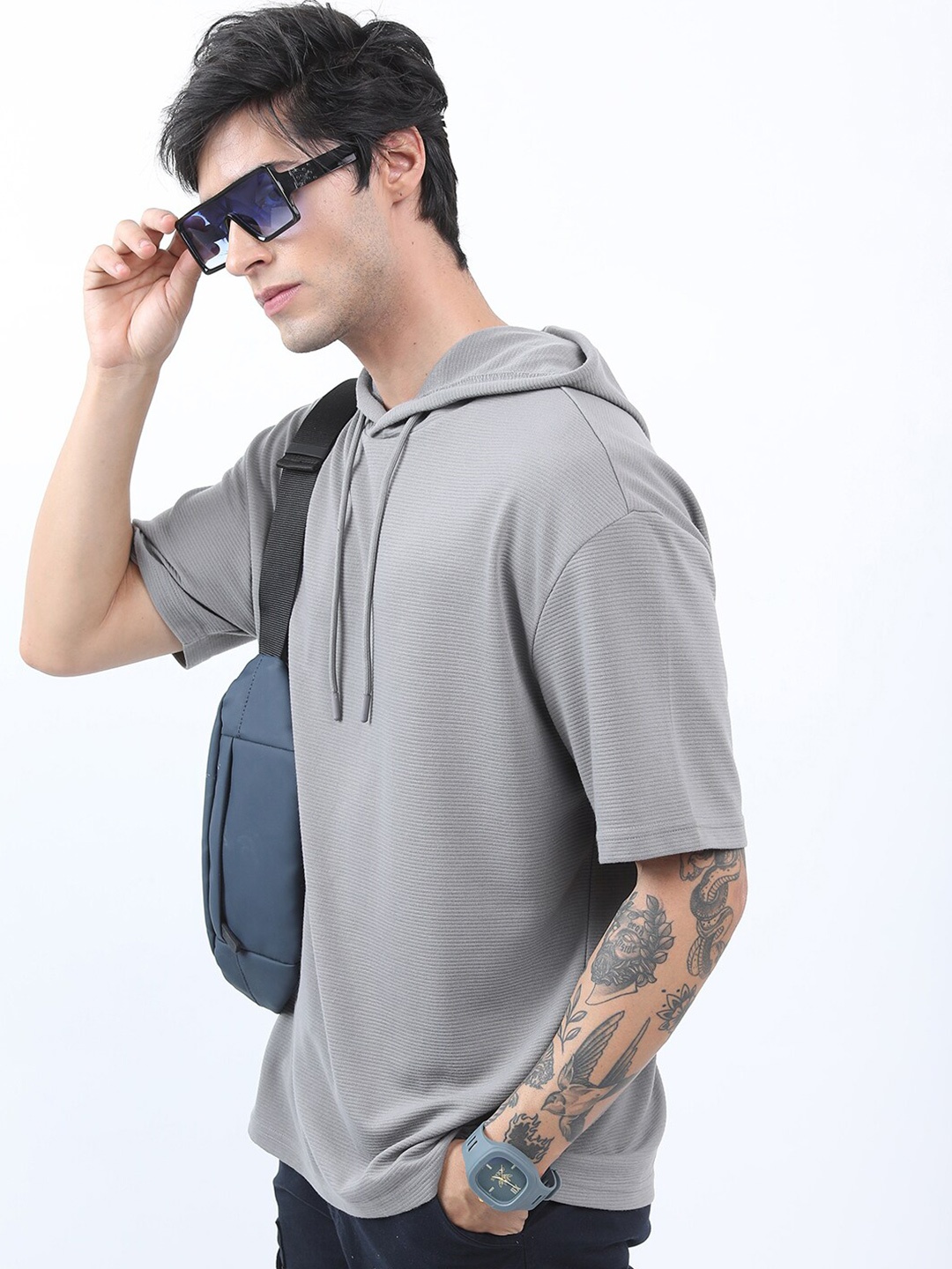 

KETCH Self Design Hooded Structured Regular Fit Tshirt, Grey