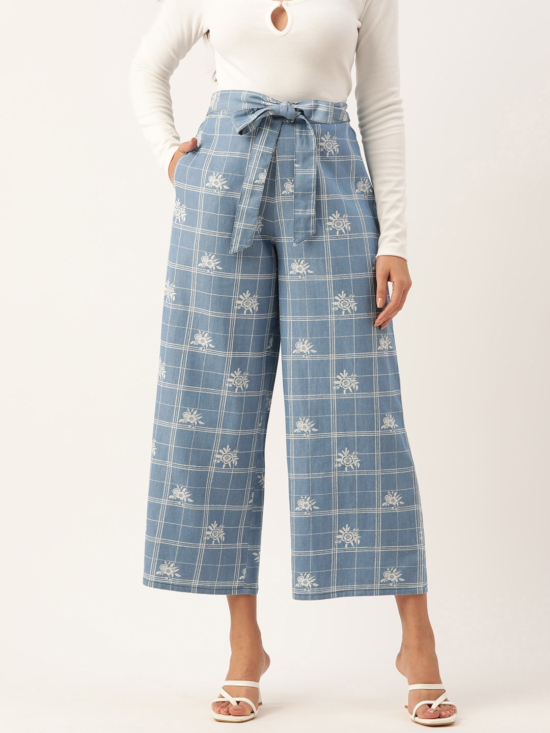 

ZIZO By Namrata Bajaj Floral Checked Comfort Loose Fit Pure Cotton Culottes, Blue