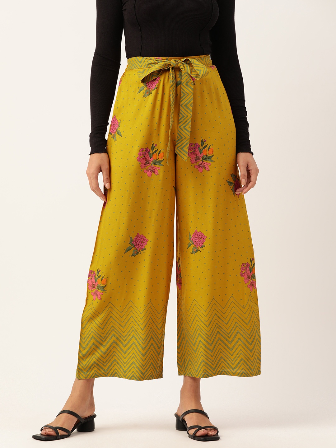 

ZIZO By Namrata Bajaj Printed Comfort Loose Fit High-Rise Culottes Trousers, Mustard