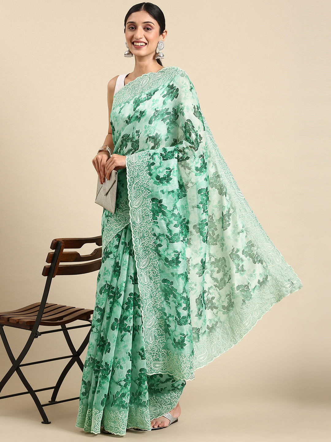 

VISHNU WEAVES Sea Green Floral Organza Kovai Saree