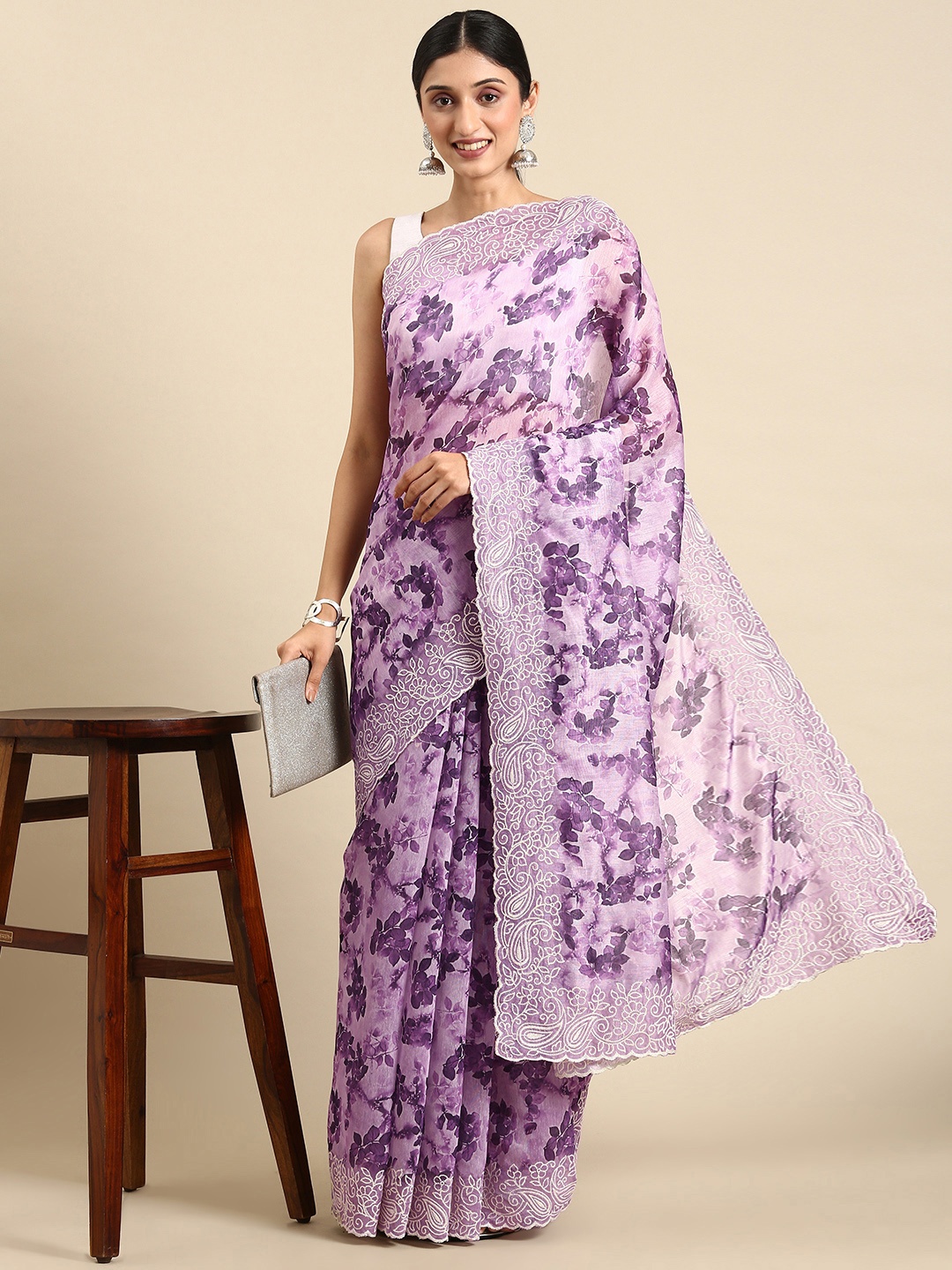 

VISHNU WEAVES Pink & Purple Floral Sequinned Organza Kovai Saree