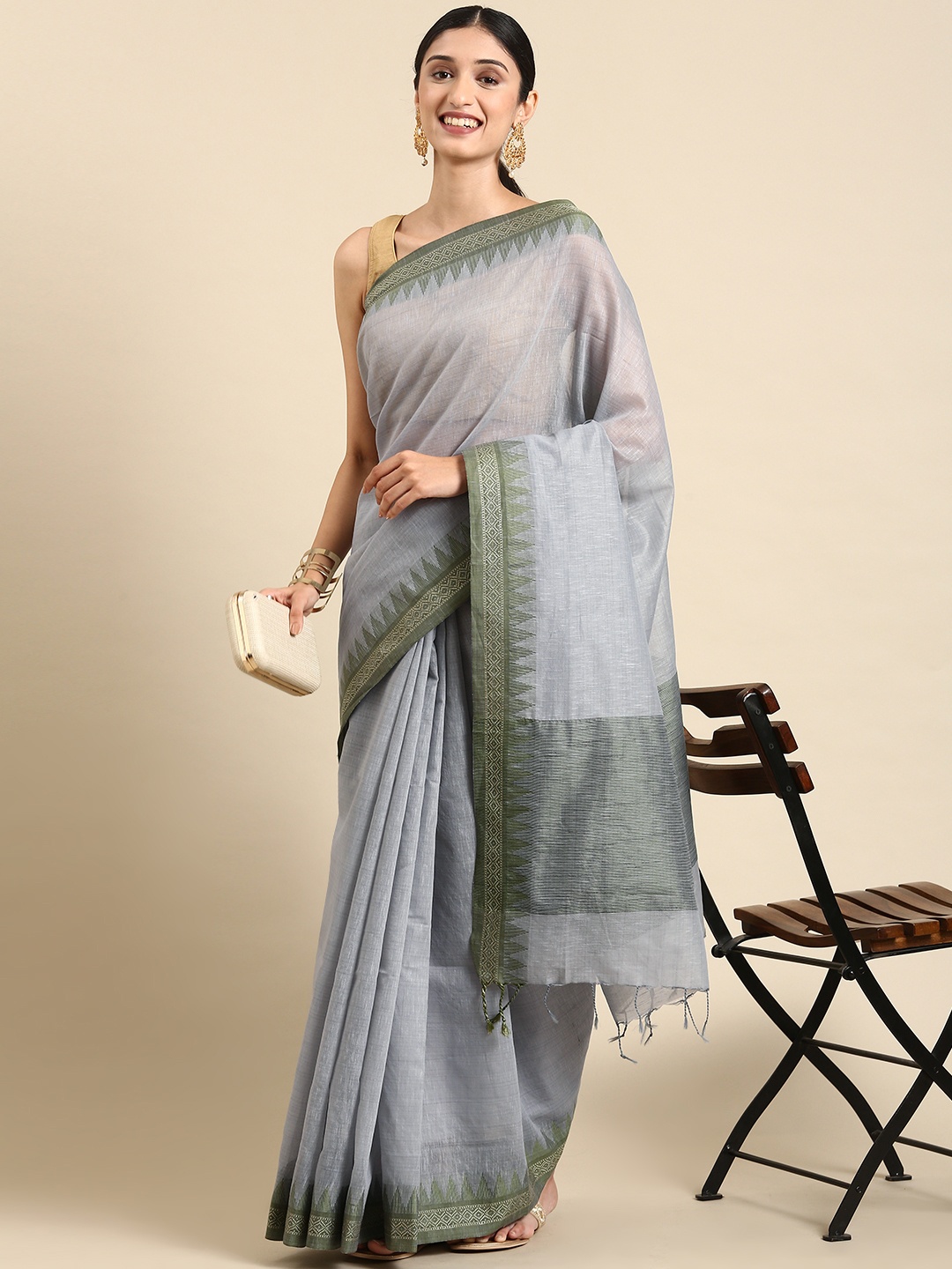 

VISHNU WEAVES Grey & Green Linen Blend Taant Saree