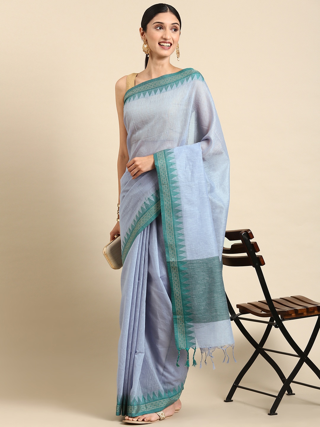 

VISHNU WEAVES Zari Linen Blend Taant Saree, Blue