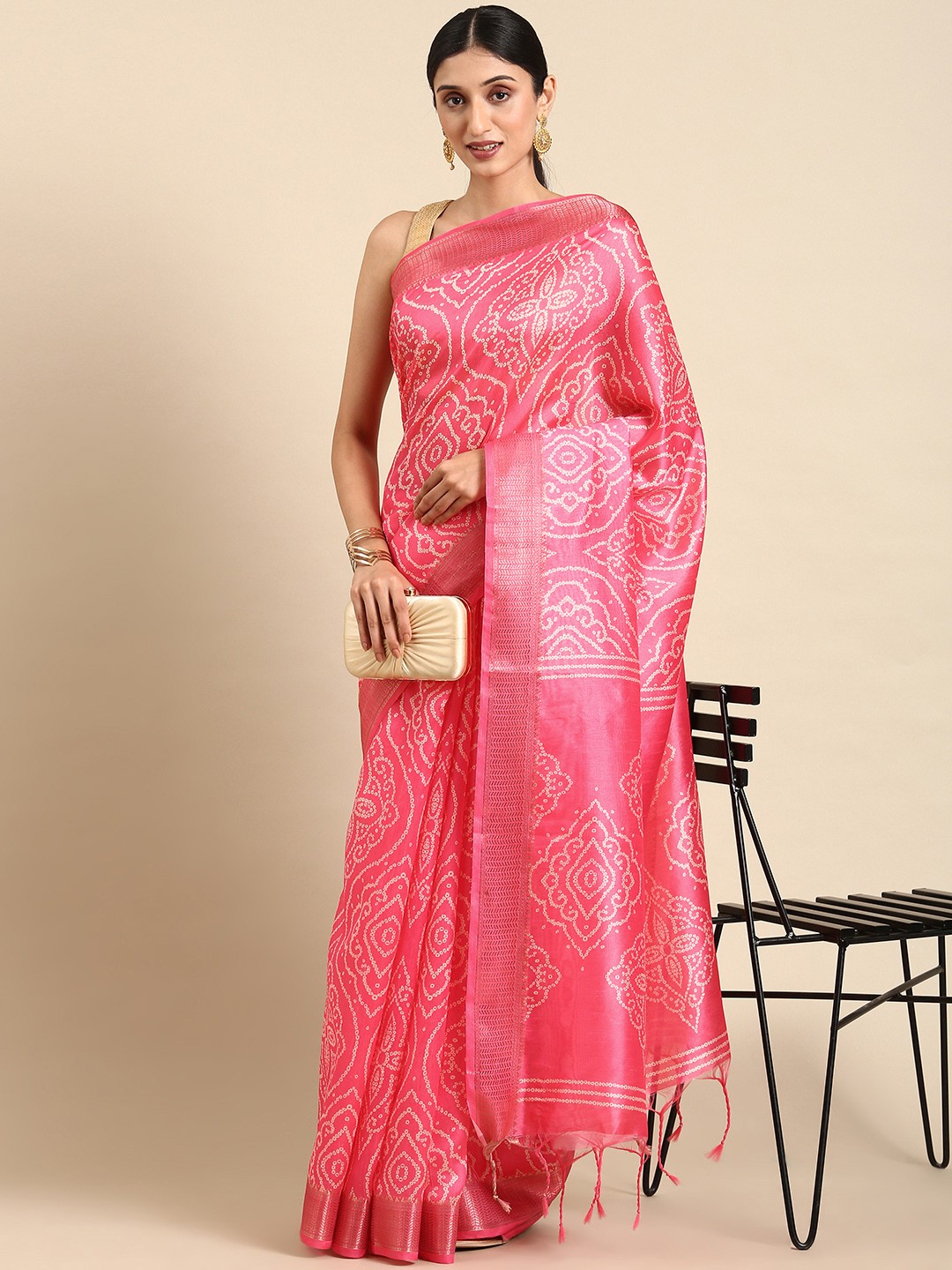 

VISHNU WEAVES Zari Bandhani Saree, Pink