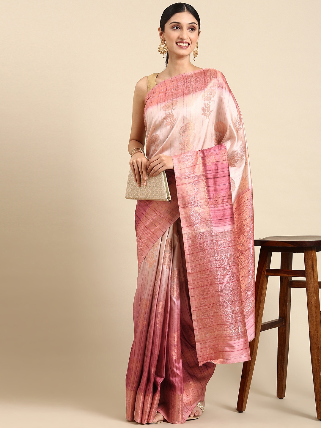 

VISHNU WEAVES Pink & Gold-Toned Floral Zari Jute Cotton Baluchari Saree