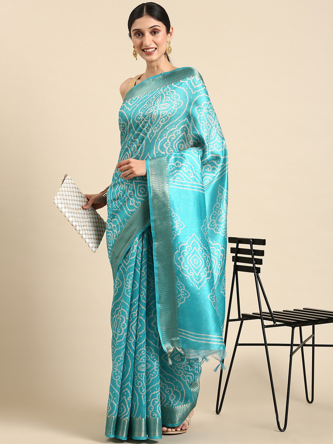 

VISHNU WEAVES Zari Bandhani Saree, Turquoise blue
