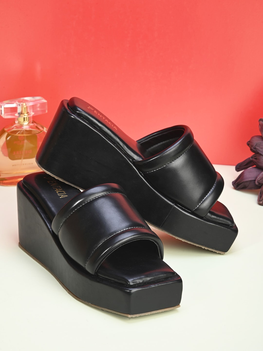 

Fentacia Square Toe Open Back Synthetic Leather Wedges Heels, Black