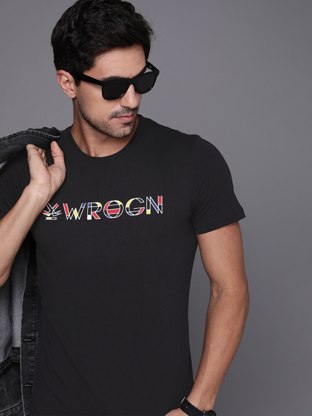 

WROGN Men Pure Cotton Brand Logo Printed Slim Fit T-shirt, Black