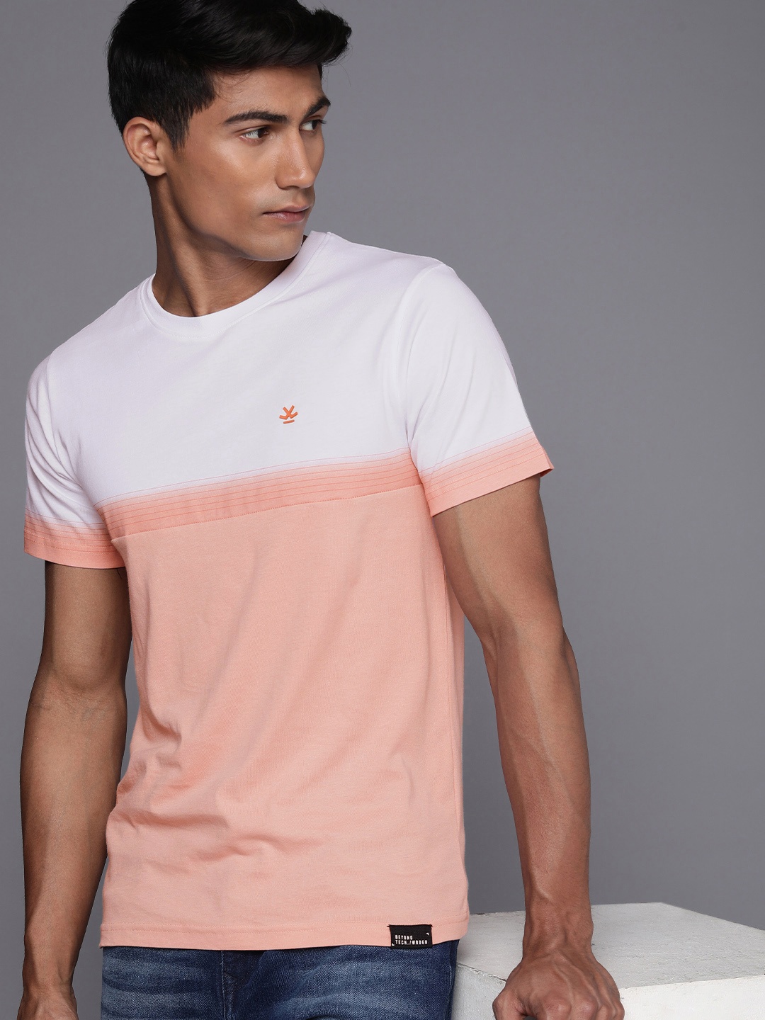 

WROGN Round Neck Colourblocked Pure Cotton Slim Fit T-shirt, Peach