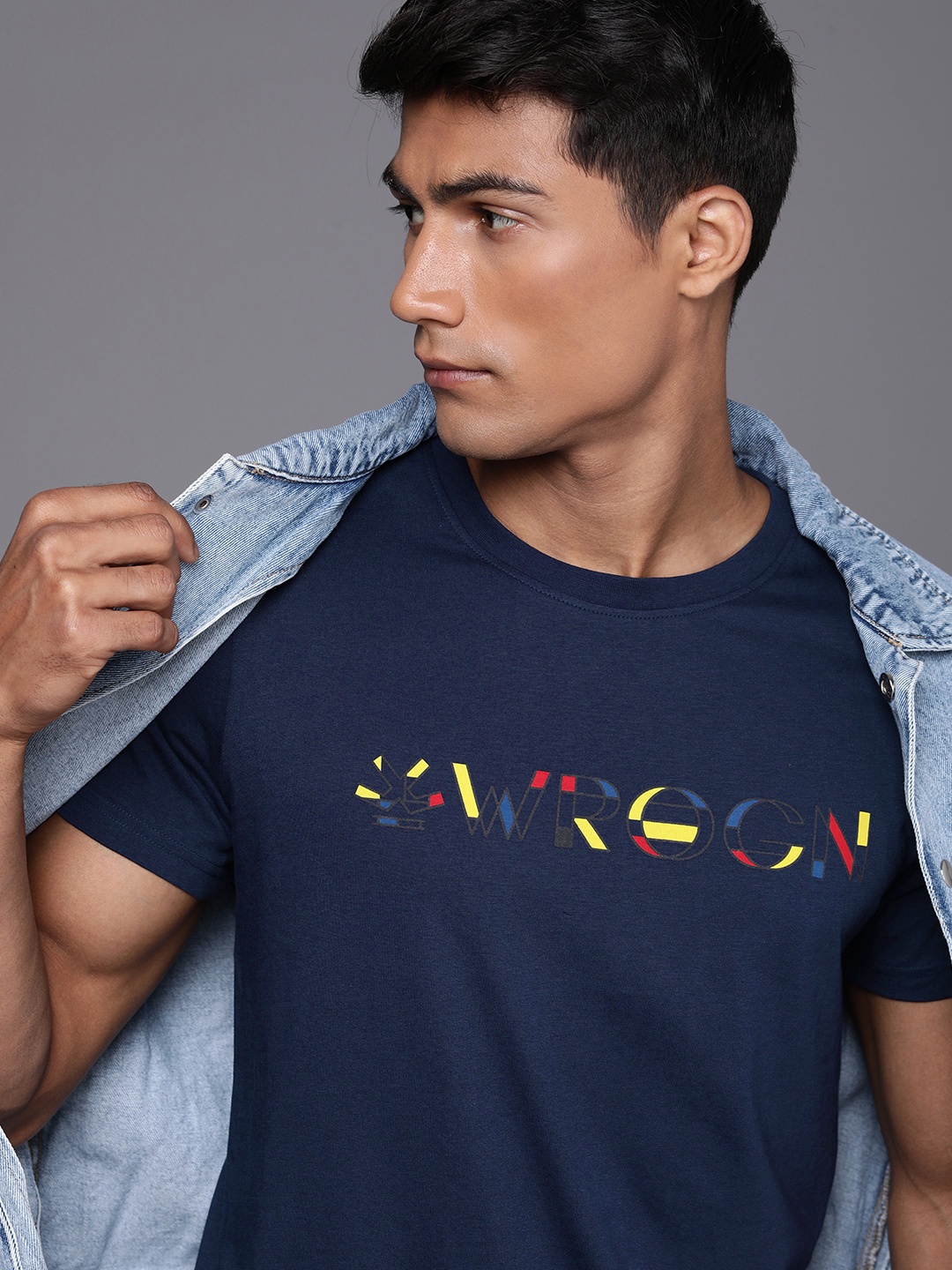 

WROGN Brand Logo Printed Pure Cotton Slim Fit T-shirt, Navy blue