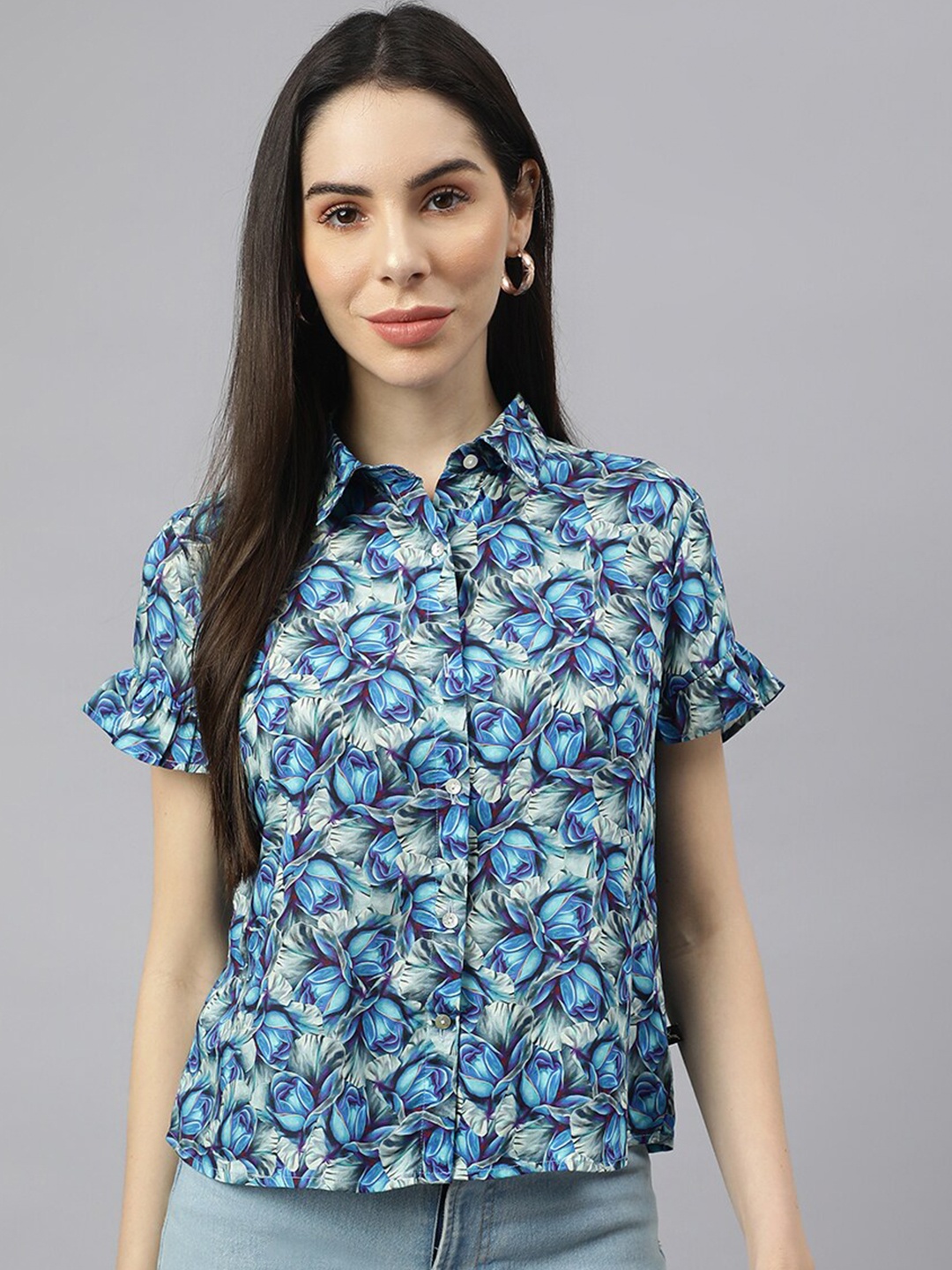 

VALBONE Women Blue Classic Floral Printed Casual Shirt