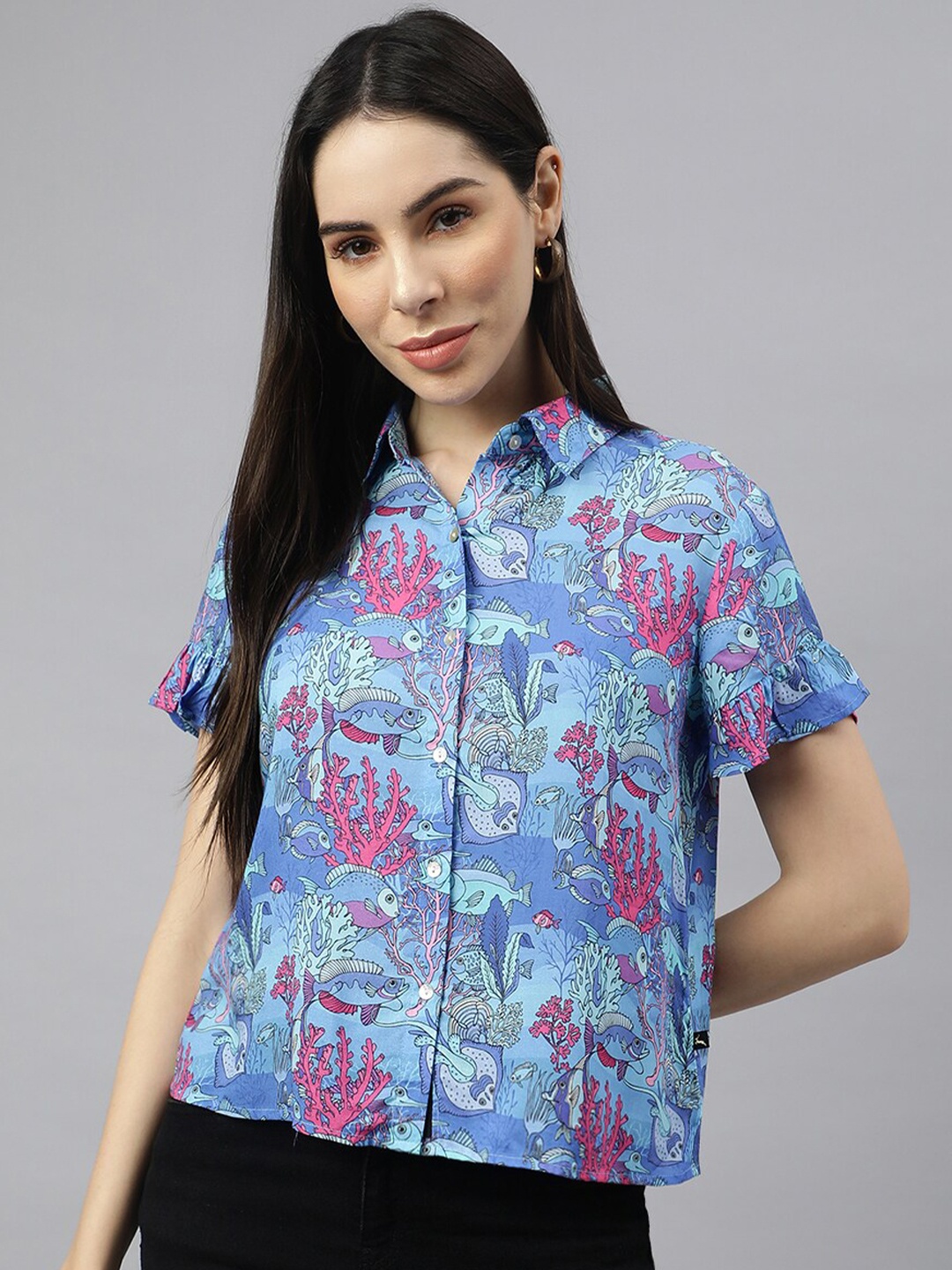 

VALBONE Classic Spread Collar Graphic Printed Casual Shirt, Blue