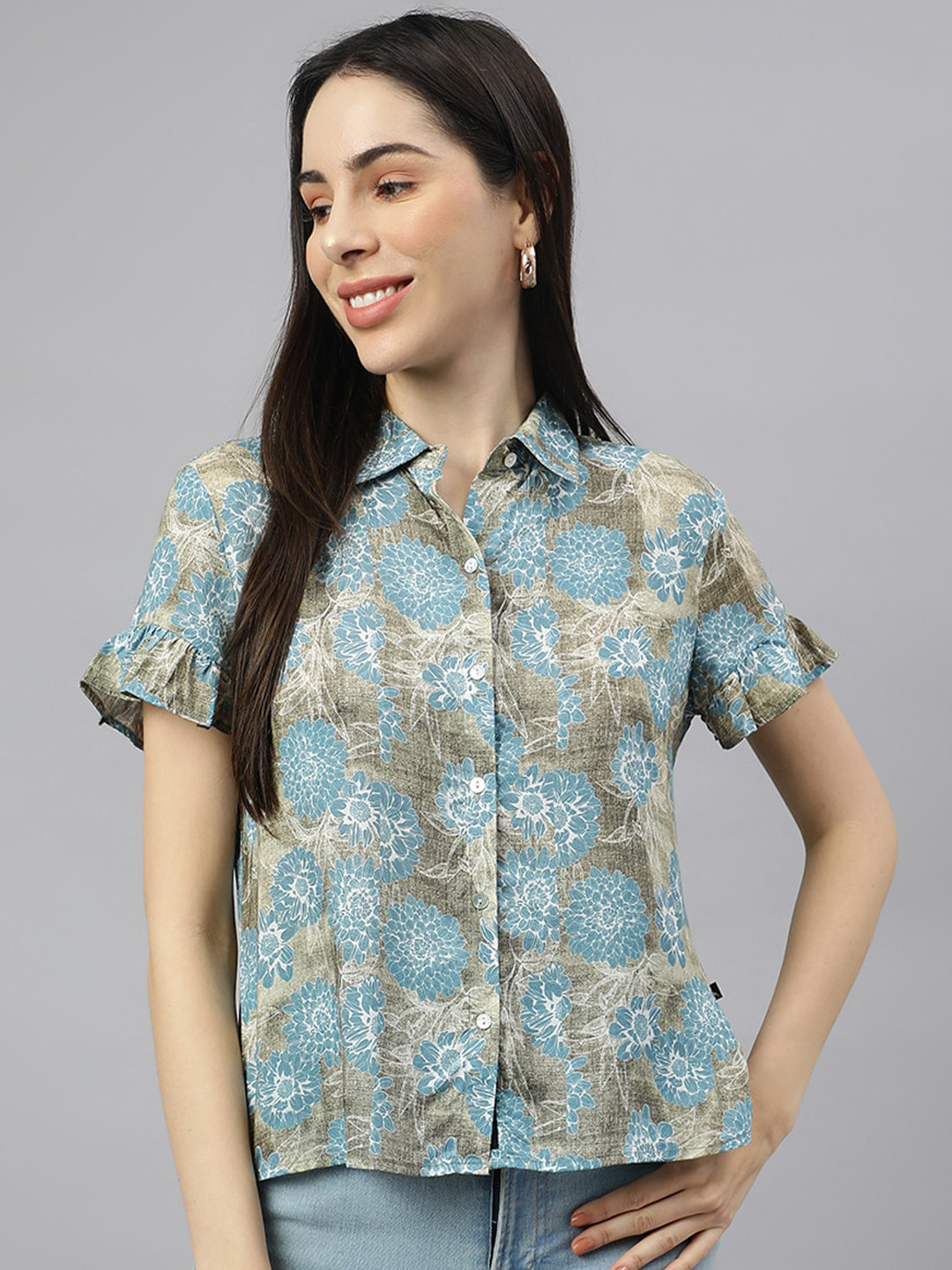 

VALBONE Classic Spread Collar Floral Printed Casual Shirt, Blue
