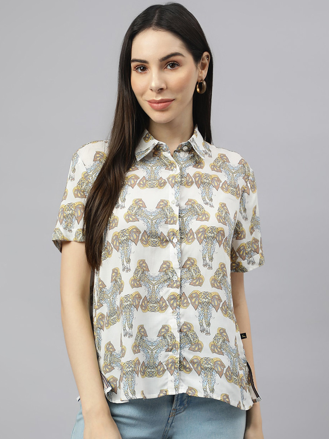 

VALBONE Classic Spread Collar Ethnic Motifs Printed Casual Shirt, White