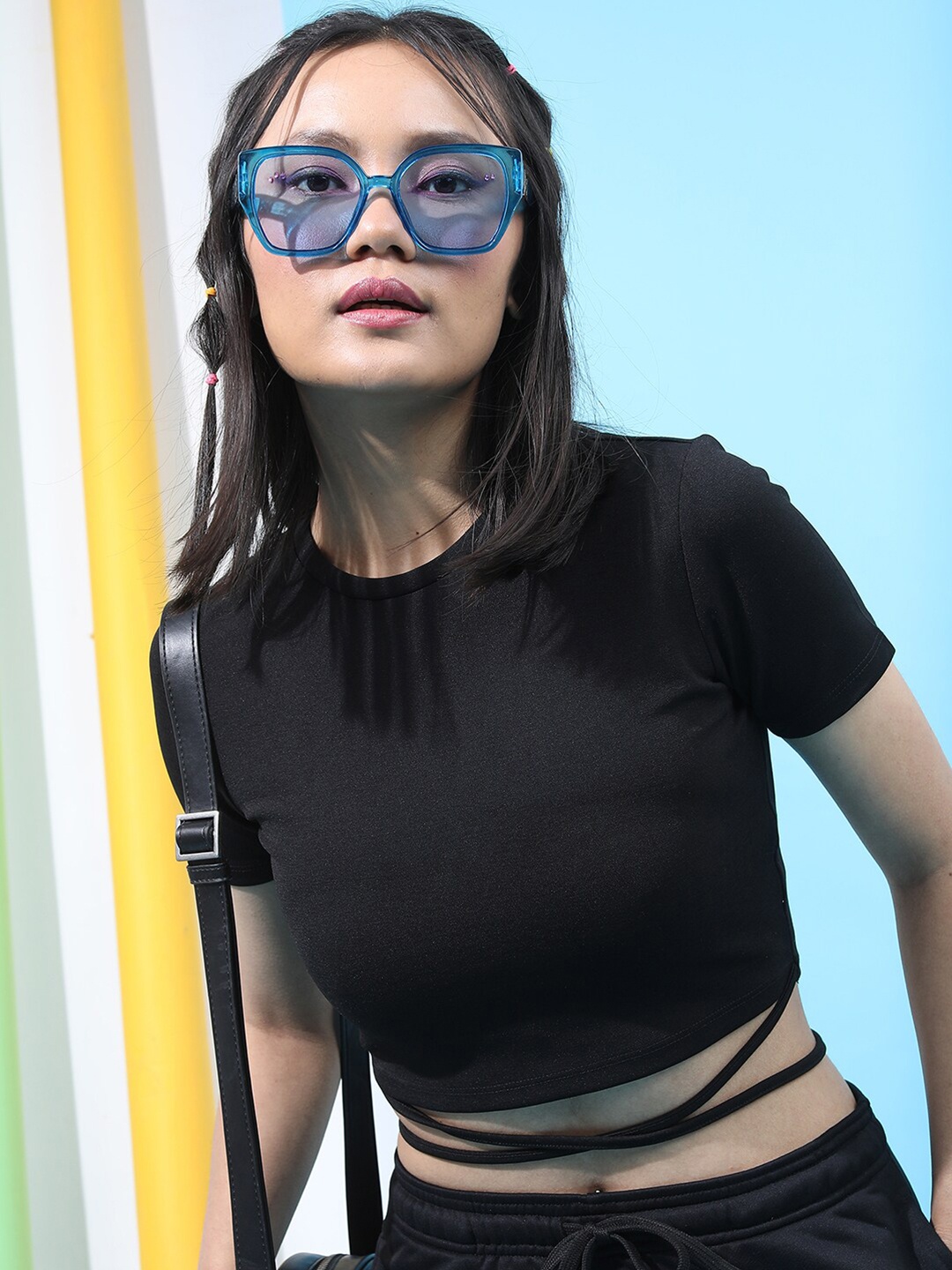 

Tokyo Talkies Styled Back Wrap Around Crop Top, Black