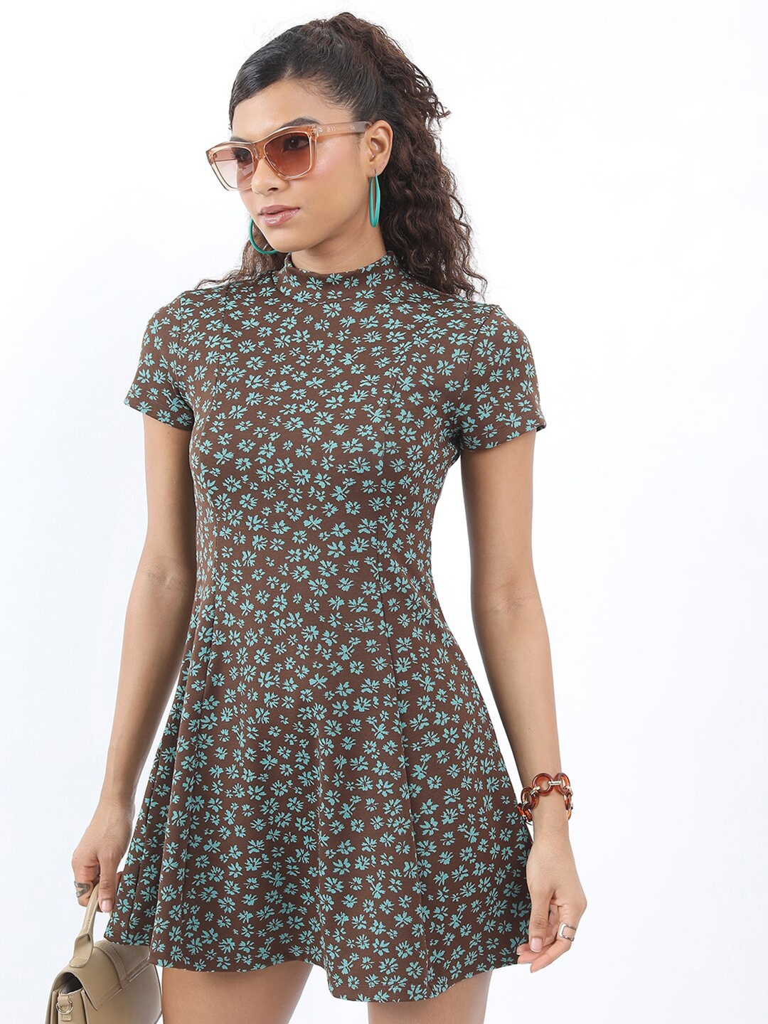 

Tokyo Talkies Floral Printed High Neck Mini A-Line Dress, Brown