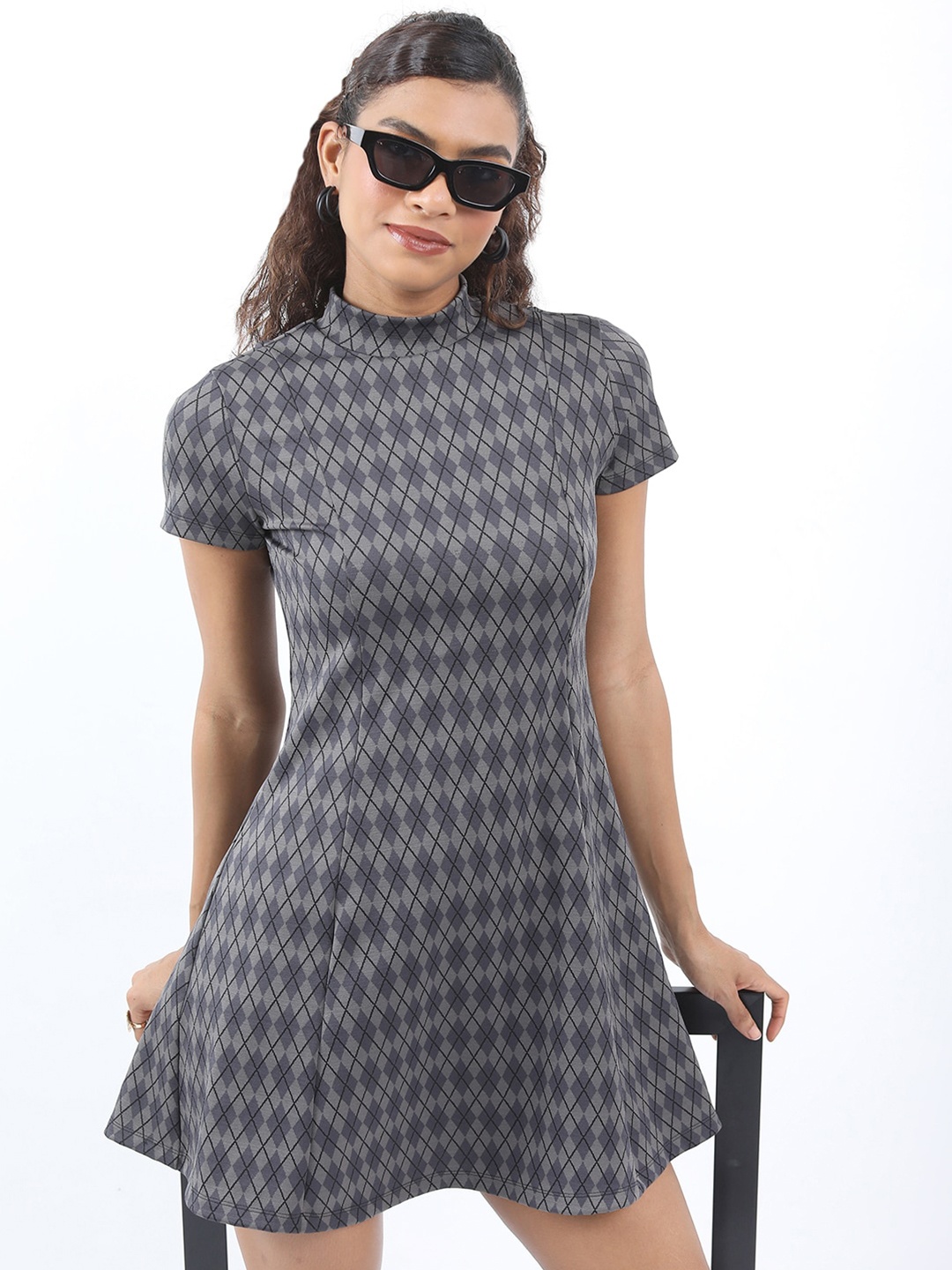 

Tokyo Talkies Geometric Printed Mock Neck Fit And Flare Mini Dress, Grey