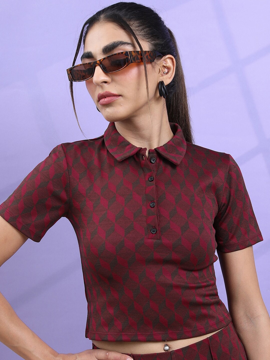 

Tokyo Talkies Checked Shirt Style Crop Top, Maroon
