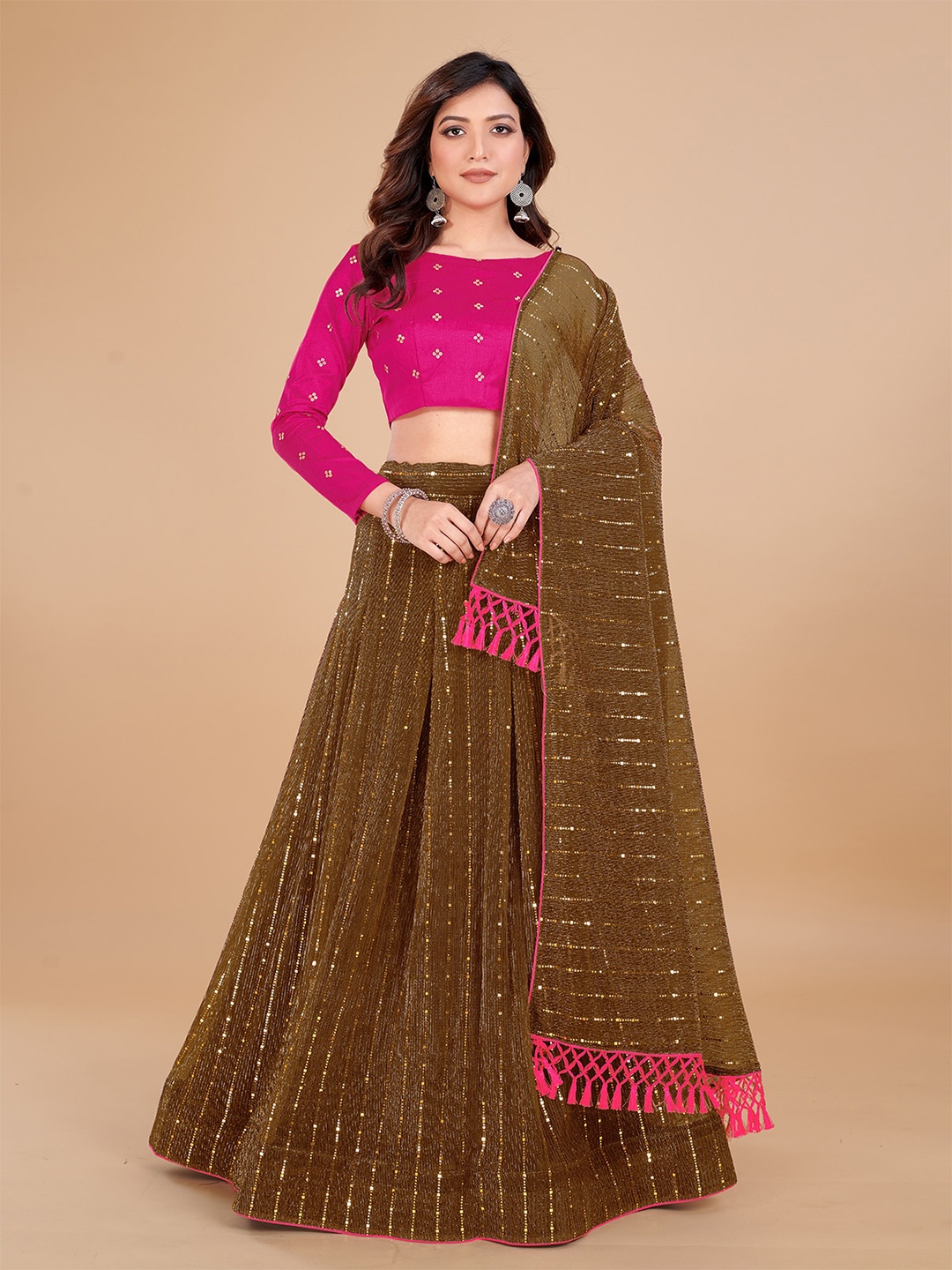 

Mitera Embroidered Sequinned Semi-Stitched Lehenga & Unstitched Blouse With Dupatta, Brown