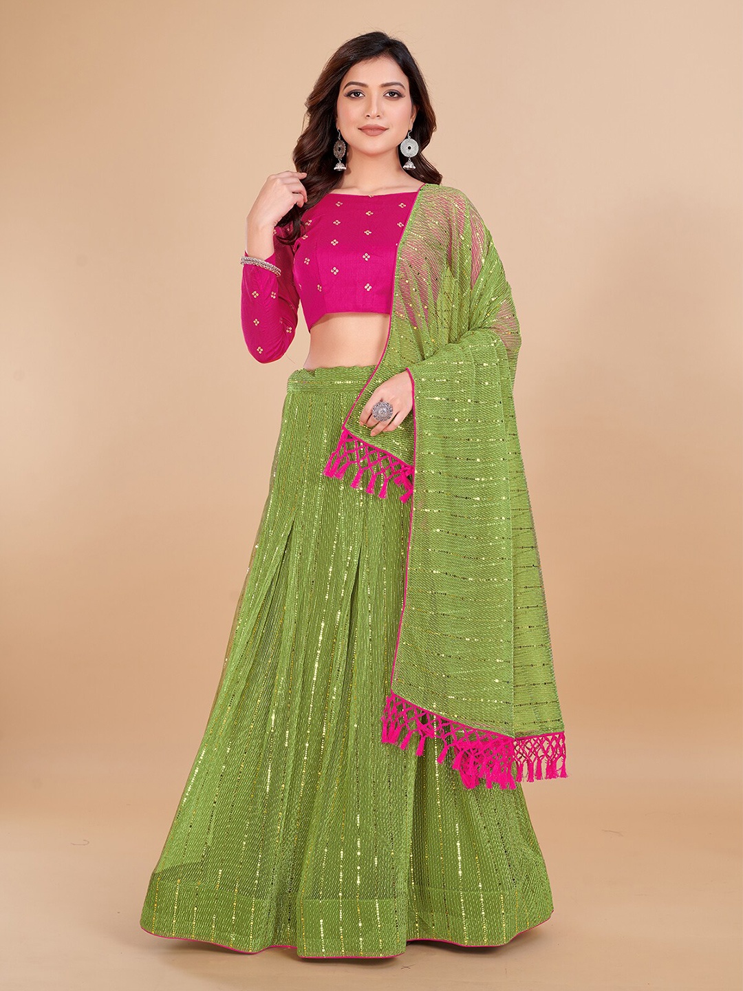 

Mitera Embroidered Sequinned Semi-Stitched Lehenga & Unstitched Blouse With Dupatta, Green