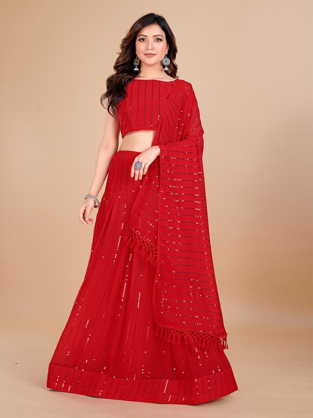 

Mitera Embroidered Sequinned Semi-Stitched Lehenga & Unstitched Blouse With Dupatta, Red