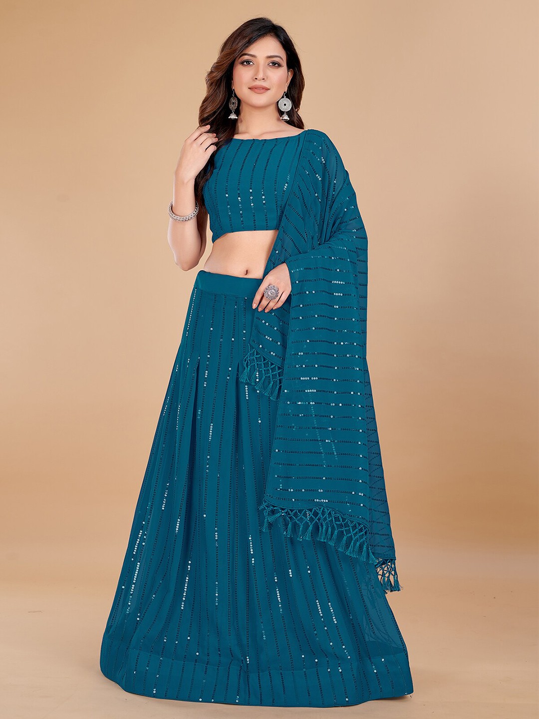 

Mitera Sequinned Semi-Stitched Lehenga & Unstitched Blouse With Dupatta, Teal