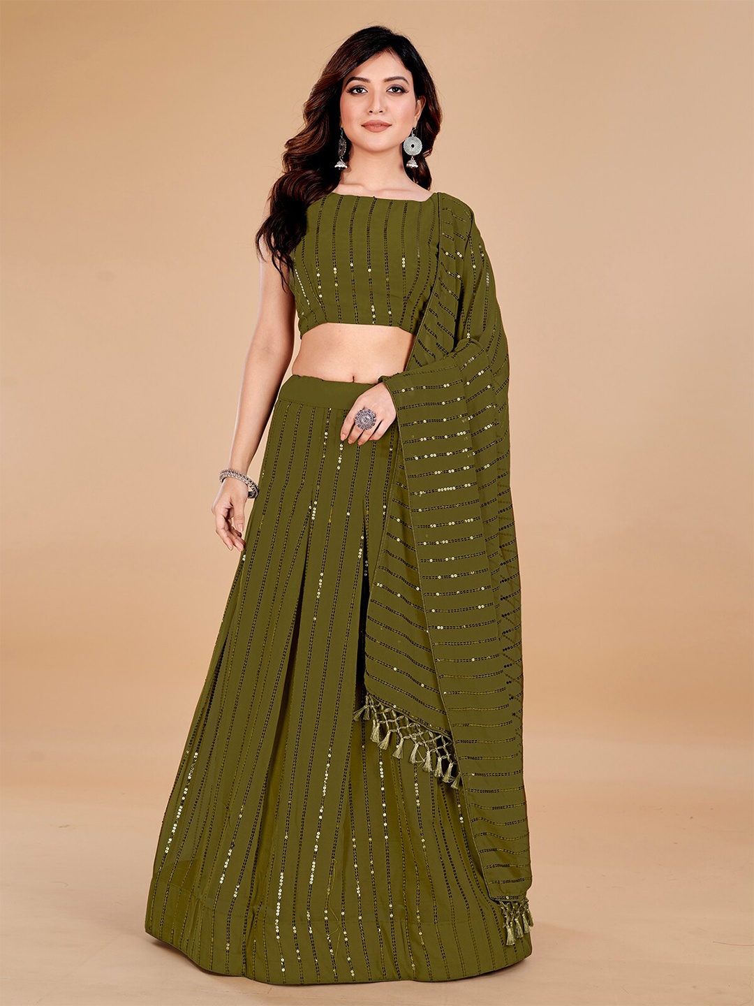 

Mitera Embellished Sequinned Semi-Stitched Lehenga & Unstitched Blouse With Dupatta, Olive