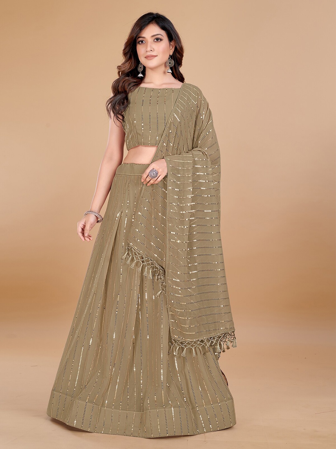 

Mitera Embroidered Sequinned Semi-Stitched Lehenga & Unstitched Blouse With Dupatta, Beige