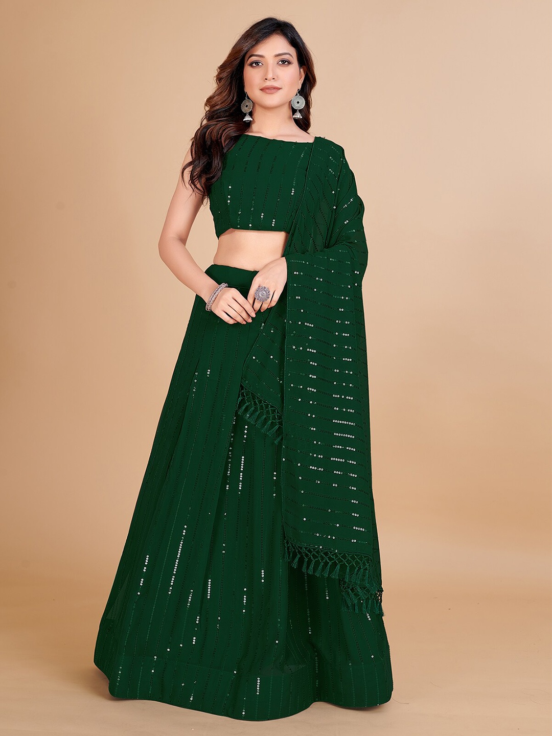 

Mitera Sequinned Semi-Stitched Lehenga & Unstitched Blouse With Dupatta, Green