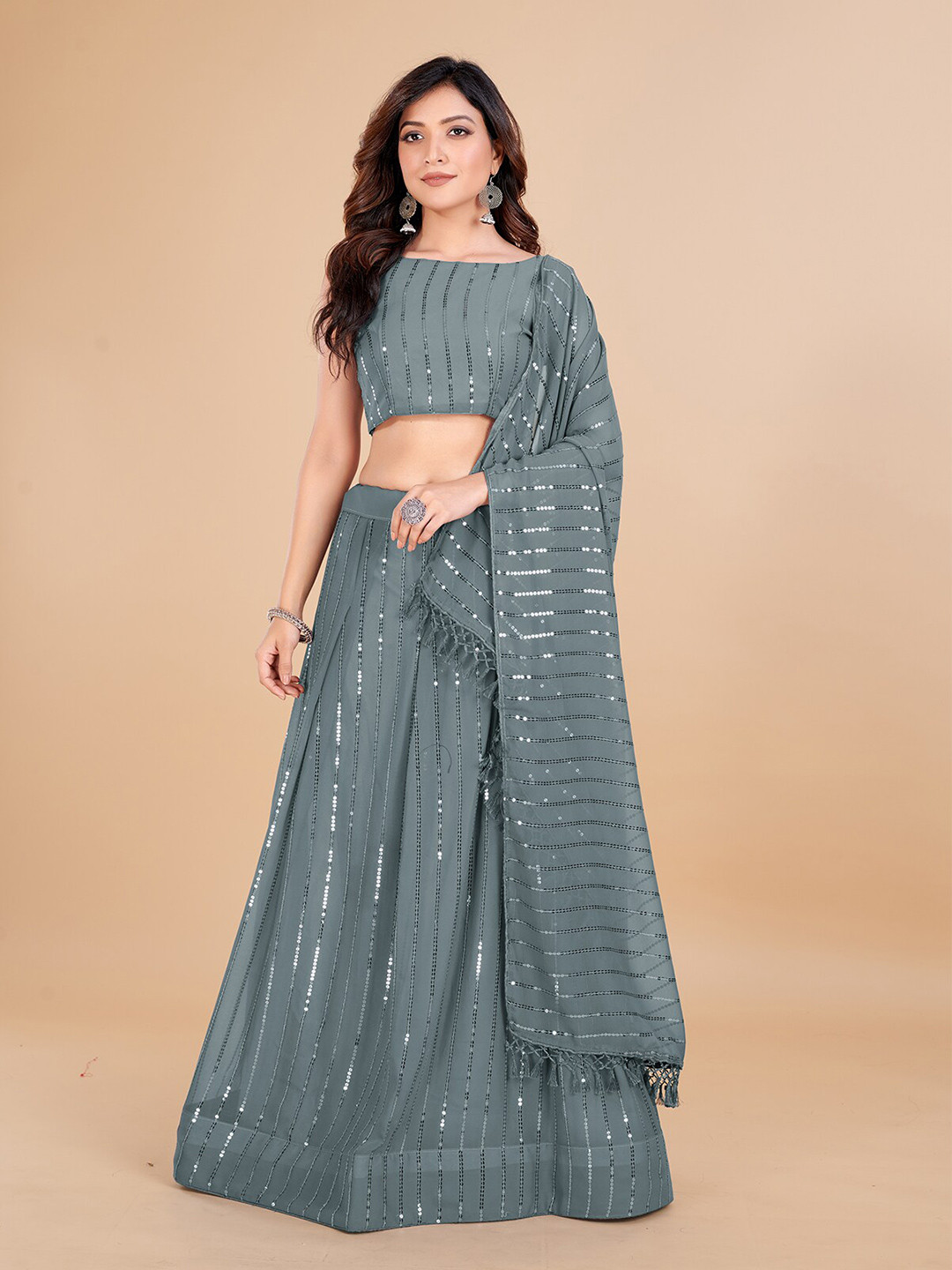 

Mitera Embroidered Sequinned Semi-Stitched Lehenga & Unstitched Blouse With Dupatta, Grey