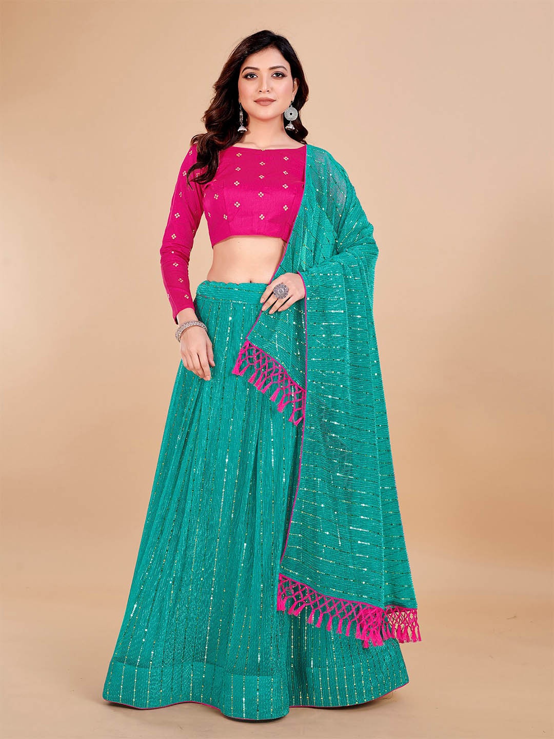 

Mitera Embroidered Sequinned Semi-Stitched Lehenga & Unstitched Blouse With Dupatta, Turquoise blue