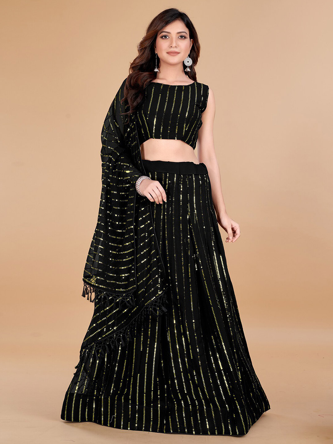 

Mitera Embroidered Sequinned Semi-Stitched Lehenga & Unstitched Blouse With Dupatta, Black