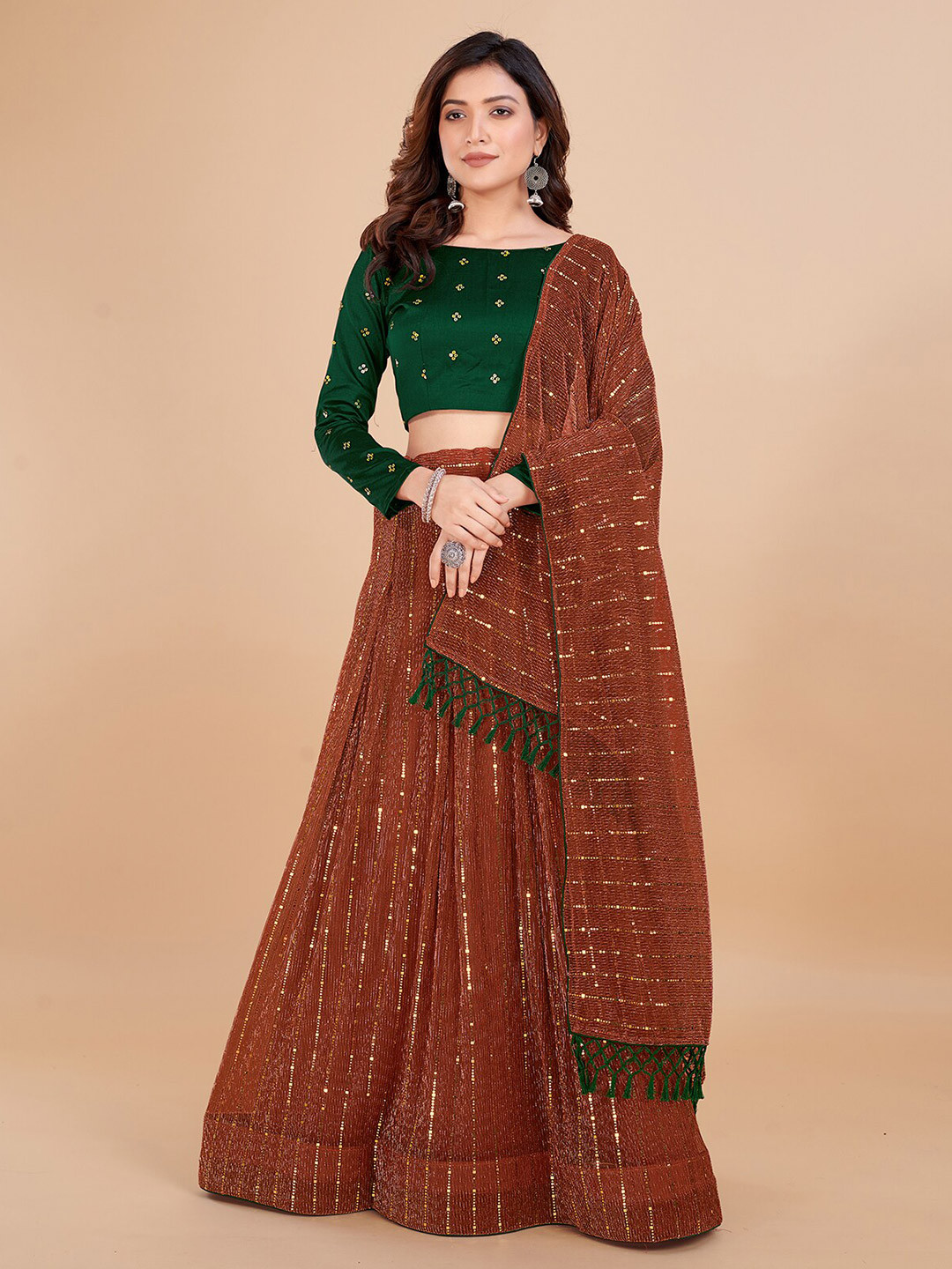 

Mitera Embroidered Sequinned Semi-Stitched Lehenga & Unstitched Blouse With Dupatta, Rust